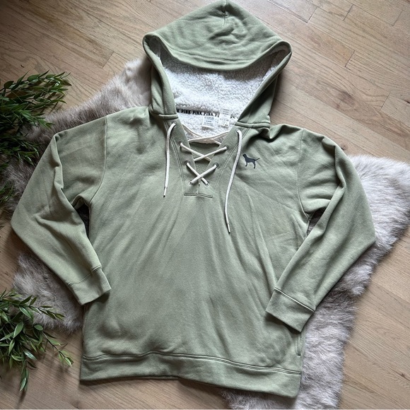 PINK Victoria's Secret Tops - PINK Victoria’s Secret Lace-Up Hoodie - Khaki Green - Size Medium - NWT
